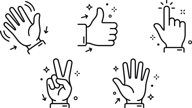 Hand gesture vector icon set with waving thumbs up pointing finger peace sign open palm linear outline elements