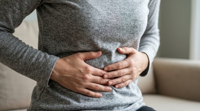 Person experiencing stomach pain or discomfort.