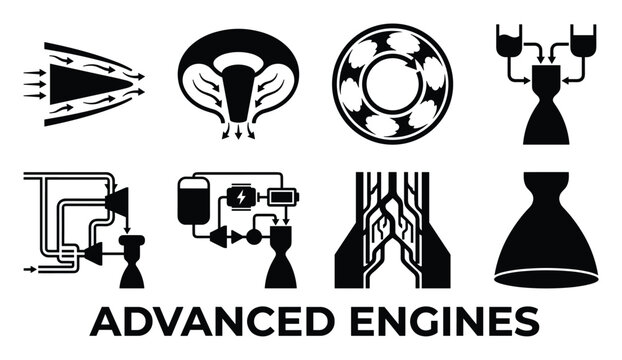 Advanced engine concepts icons showing jet intake exhaust turbine rocket nozzle and complex mechanical systems designs.