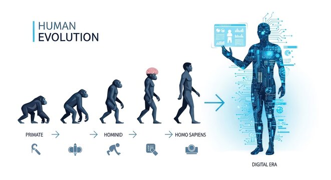 Human Evolution: Primate to Hominid to Homo Sapiens to Digital Era - Technology and Artificial Intelligence.