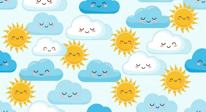 Cute sky seamless pattern background illustration with smiling clouds and sun design.