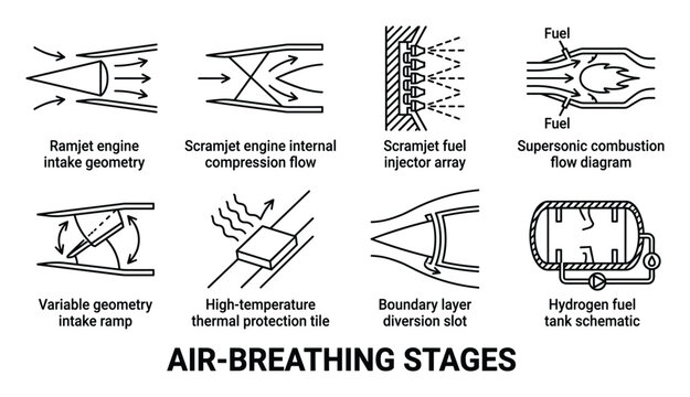 Air breathing engine stages schematic for ramjet and scramjet concepts including intake geometry fuel injection protection.