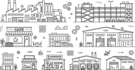 Fototapeta premium Industrial factory and warehouse building icon set featuring garage workshop parking structure store cafe and manufacturing line elements