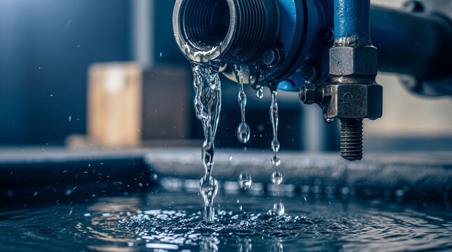 Industrial water pipe valve dripping into tank causing ripples and splashes captured in high detail with cinematic blue lighting inside heavy machinery manufacturing factory space.