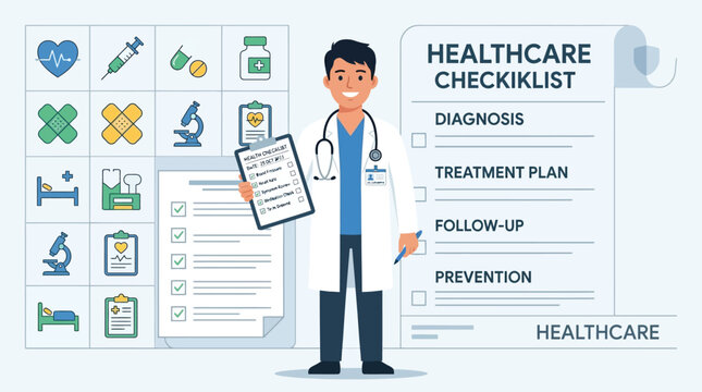 Smiling Medical Doctor with Checklist and Healthcare Icons
