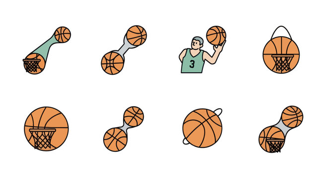 Cartoon Style Basketball Player Shooting Hoops with Multiple Basketballs for Sports and Recreation Illustration