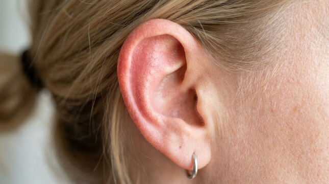 Woman with earring in ear closeup.