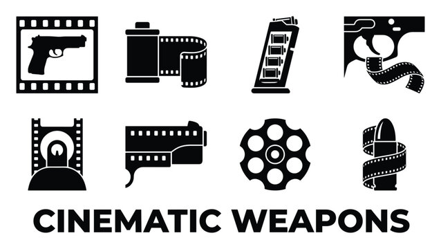Cinematic weapons handgun film strip camera roll magazine cylinder bullet sight revolver prop.