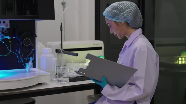 Young researchers are analyzing samples and taking notes in the science lab. A team of lab technicians is working with microscopes and recording research data.