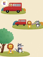 Fototapeta premium Children's story illustration: A lion and a gray wolf drive a red car to buy jam. They each buy a jar of jam and then happily enjoy it under a tree.