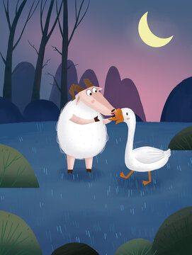 Children's story illustration: Nighttime, a beautiful countryside, the moon hangs in the night sky, a goat meets a white goose.