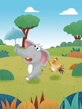 Children's story illustration: A beautiful wilderness scene, a baby elephant running ahead with an umbrella, a hen clucking as it chases after it&mdash;what a delightful scene!