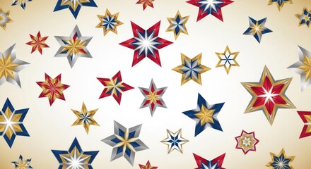 Obraz premium Festive background of red, blue, and gold stylized stars scattered on a light beige gradient, creating a celebratory and decorative pattern for holiday designs.
