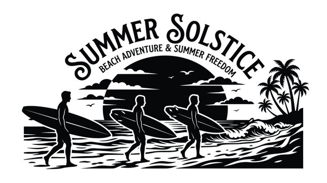Black and white vintage style illustration featuring three silhouetted surfers carrying their surfboards along a sandy beach during a beautiful tropical sunset with palm trees under a large sun graphi