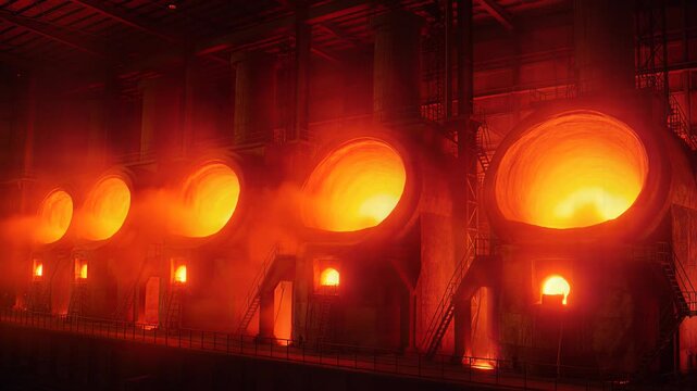 Row of Giant Smelting Furnaces Glowing with Intense Fiery Heat
