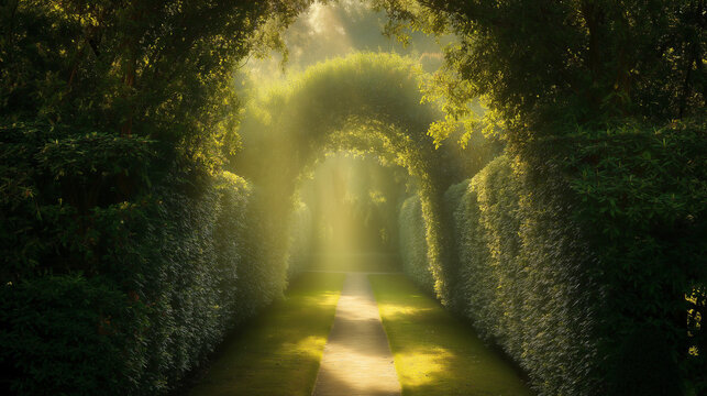 privet. A garden path flanked by tall privet hedges forming an archway. travel magazines, destination branding, designed for outdoor magazines and nature guides, inspires travel planning.