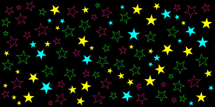 Neon Star Pattern Black Background. Colorful Vibrant Shapes Backdrop