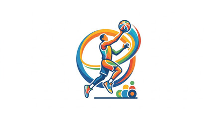 Basketball player performing a slam dunk with a colorful abstract background. © Wisnu