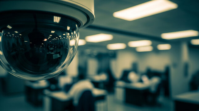 Close up of modern security camera lens reflecting office interior with blurred people working at desks and bright ceiling lights in background.