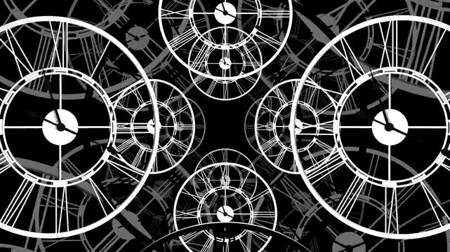 Abstract black and white clock mechanism loop background with ticking arrows