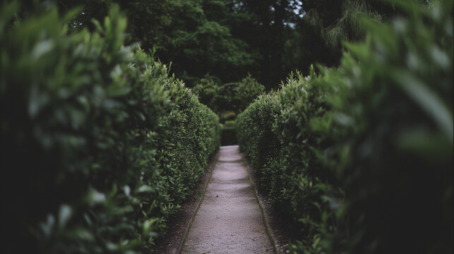 privet. A garden path flanked by tall privet hedges forming an archway. travel magazines, destination branding, designed for outdoor magazines and nature guides, inspires travel planning.