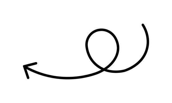Black curly arrow hand drawn shape pointing left for direction, pointer, guide, navigation, and symbol. Curly arrow doodle hand drawn direction on transparent background. vector illustration eps file.
