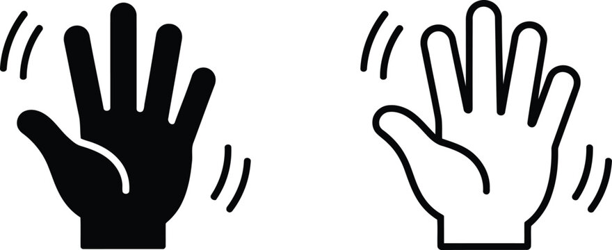 Waving hand icons black silhouette and white outline versions