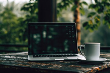 Fototapeta premium Laptop computer with coffee cup on weathered wood table in outdoor business setting