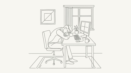 Obraz premium Man sleeping at desk with computer, tired office worker, exhaustion, burnout concept