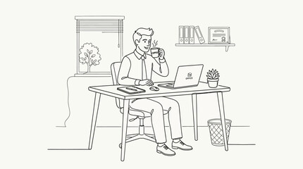 Obraz premium Man working at desk and drinking coffee at home