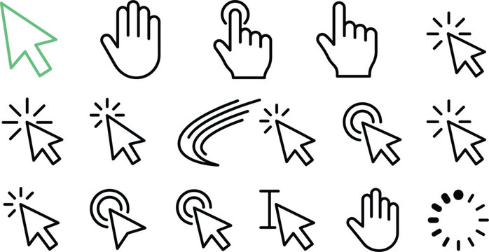 Mouse cursor pointer arrow hand click icon set with linear computer interface website loading screen vector outline elements