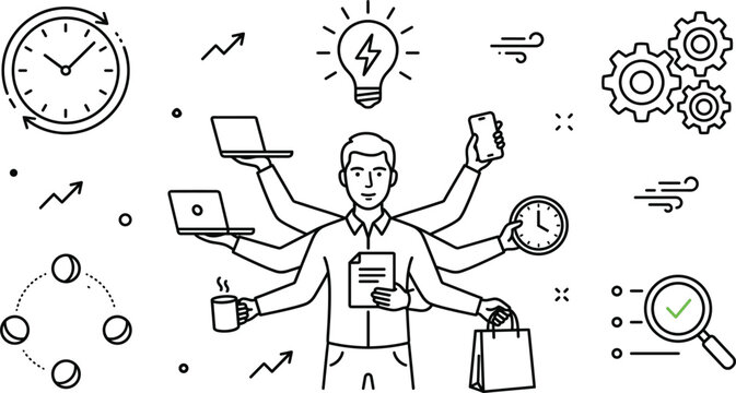 Multitasking businessman vector icon set featuring man with many arms gears clocks lightbulb laptop and project management elements