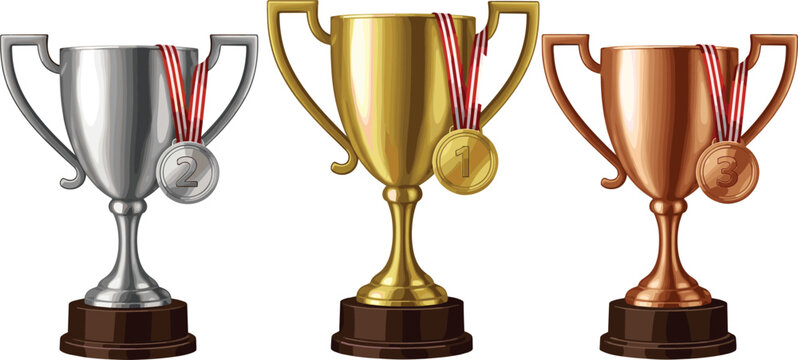 Gold Silver and Bronze Trophy Cup Collection with Winner Medals Championship Awards and Achievement Illustration