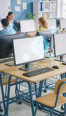 Naklejka premium Modern Smart Classroom with Computers and Artificial Intelligence Technology for Digital Education and Future Learning