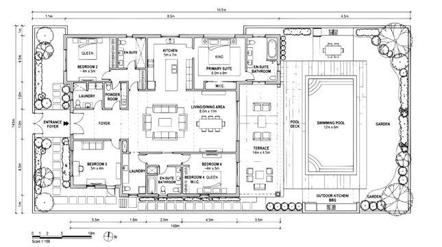 Architectural floor plan, building blueprint, construction design, house layout