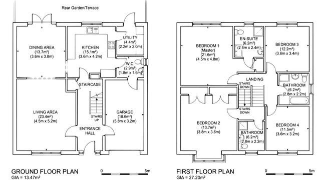House floor plans, residential blueprints, ground and first floor layouts, architectural diagrams