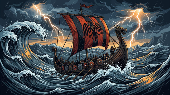 Viking longship bravely navigating treacherous storm-tossed waters under a sky alight with lightning, its distinct double-headed eagle sail symbolizing resilience and an ancient maritime spirit