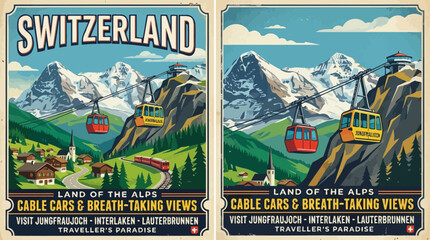 Switzerland Travel Poster Scenic Cable Cars amidst Majestic Alps and Charming Villages for a Breathtaking Vacation © john