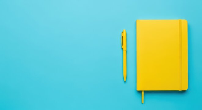 Yellow notebook and pen on blue background