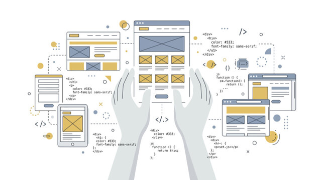 Web development and responsive design concept with wireframe layouts and coding elements