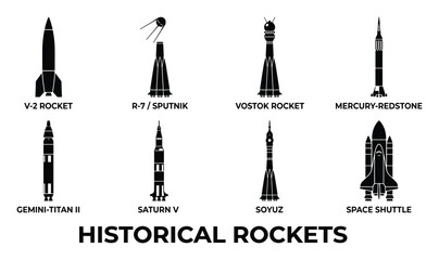 Fototapeta premium Historical rocket silhouettes including V2, Sputnik, Saturn V and Space Shuttle vector graphics.
