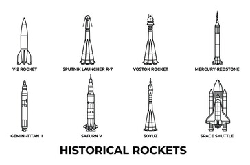 Fototapeta premium Historical rockets collection set for space exploration past and present iconic vehicles for science and technology education.
