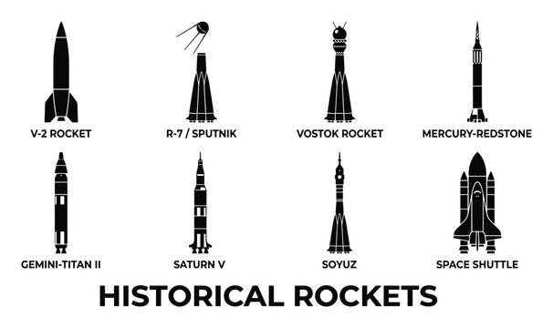 Historical rocket silhouettes including V2, Sputnik, Saturn V and Space Shuttle vector graphics.