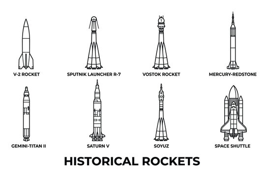 Historical rockets collection set for space exploration past and present iconic vehicles for science and technology education.