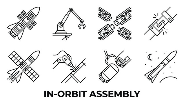 In orbit assembly icons with rocket, robotic arm, and space station modules.