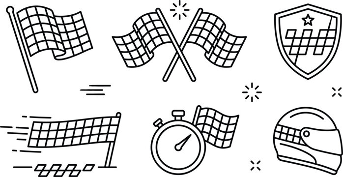 Racing checkered flag sport vector icon set with finish line stopwatch helmet shield linear outline design elements