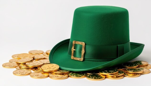 Leprechaun Hat and Gold Coins: A vibrant green leprechaun hat, adorned with a golden buckle, rests upon a sparkling pile of gold coins, symbolizing luck and fortune.