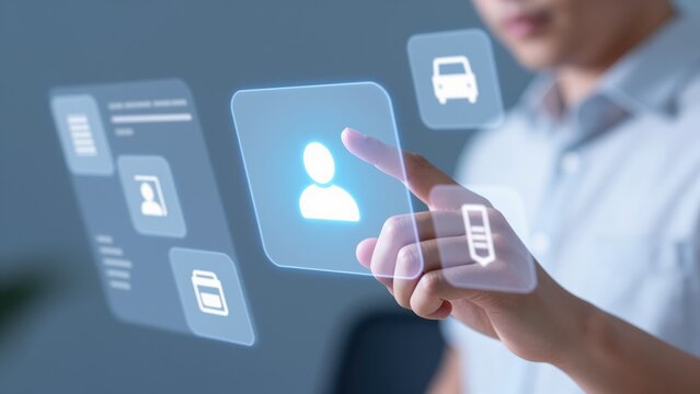 Virtual Reality Interface: A person interacts with a futuristic virtual interface, touching a profile icon on a transparent screen displaying various digital services.