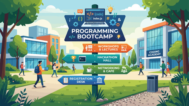Vibrant campus illustration for a programming bootcamp event, guiding participants to tech workshops, hackathons, and networking