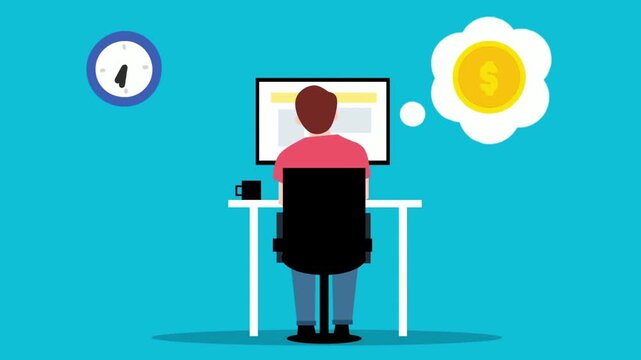 a man sits at a desk working on a computer, with thought bubbles showing time and money symbols.